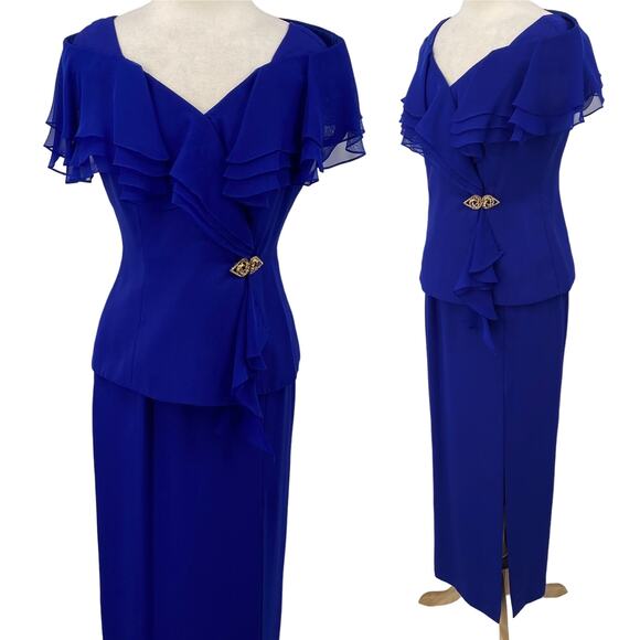 Vintage Alex Evenings Skirt Set Chiffon Surplice Blouse & Maxi Blue Womens 6 - Picture 1 of 10